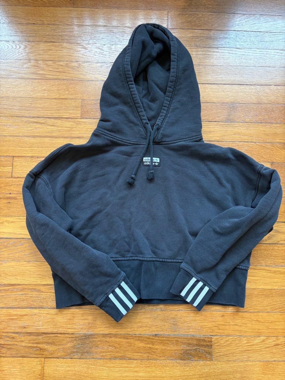adidas Black Hooded Cropped Sweatshirt with Striped Cuffs